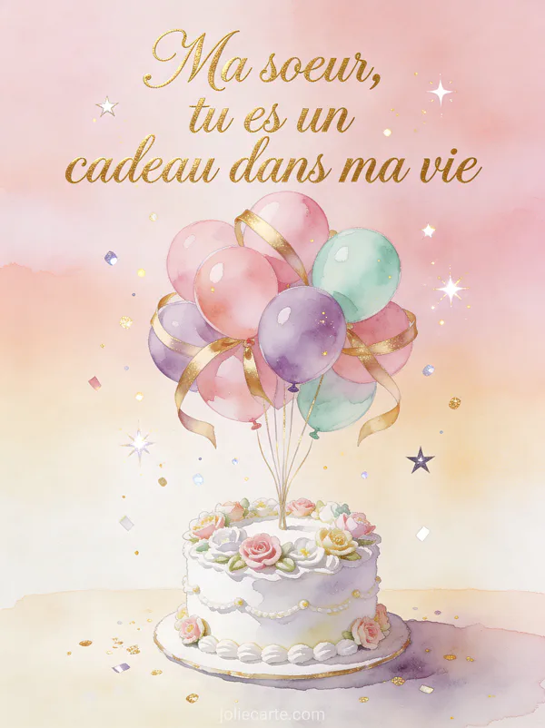 Carte anniversaire élégante avec ballons pastel roses et lilas, gâteau blanc fleuri et paillettes dorées en aquarelle