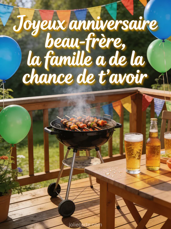 Gâteau d'anniversaire délirant à trois étages avec chapeau de fête, ballons, confettis et texte humoristique anniversaire beau-frère