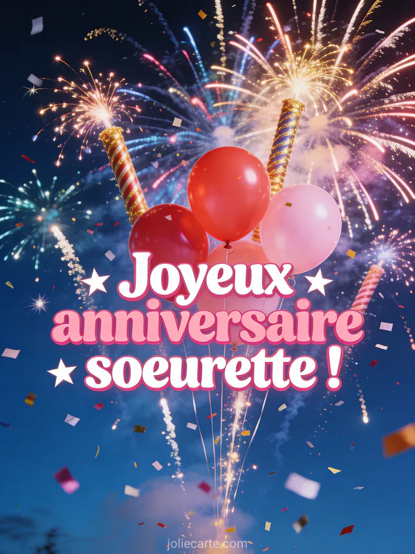 Carte anniversaire avec feux d'artifice multicolores dans un ciel nocturne, ballons rouges et confettis scintillants