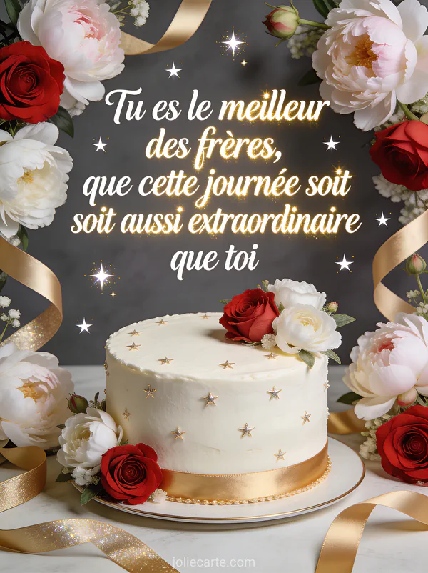 Roses rouges et pivoines blanches encadrant un gâteau d'anniversaire élégant avec rubans dorés et texte touchant pour un frère