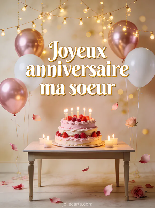Carte anniversaire chic avec gâteau trois étages rose, ballons rose gold, guirlandes lumineuses et pétales de rose