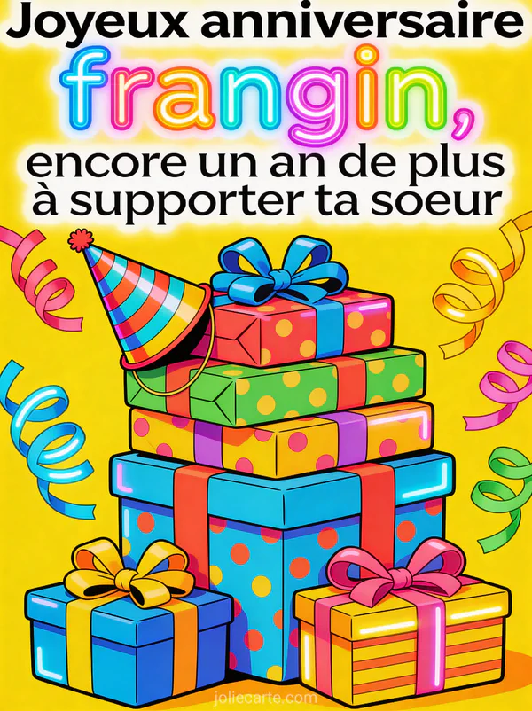Pile de cadeaux colorés empilés avec chapeau de fête de travers, serpentins et texte Joyeux anniversaire frangin