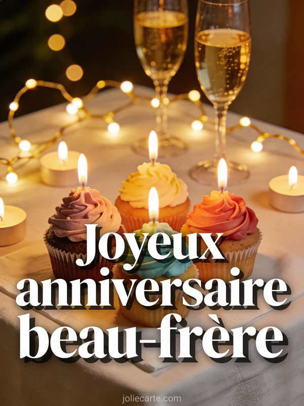 Table de fête avec cupcakes décorés, bougies allumées, verres de champagne et guirlandes lumineuses pour un anniversaire