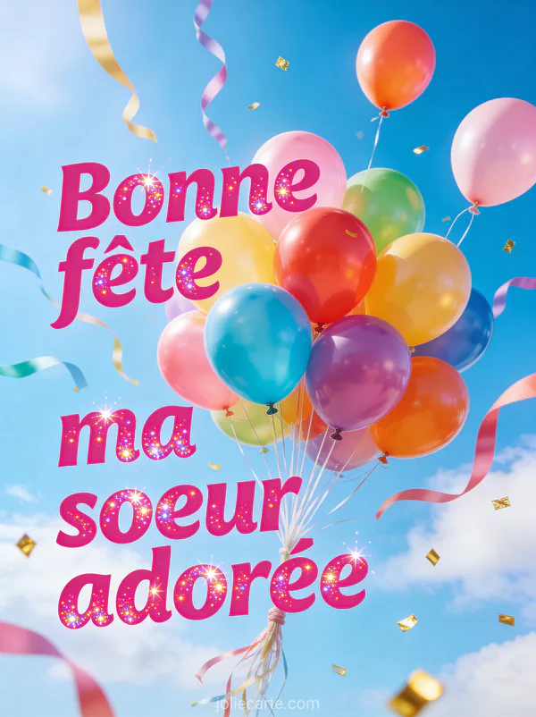 Carte anniversaire joyeuse avec bouquet de ballons multicolores qui s'envolent dans un ciel bleu lumineux