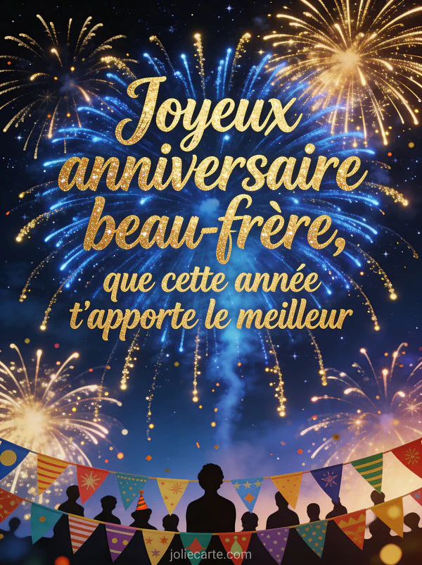 Feux d'artifice dorés et bleus éclatant dans un ciel nocturne étoilé avec banderoles festives et texte anniversaire beau-frère