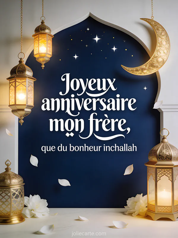 Lanternes dorées suspendues avec croissant de lune, étoiles scintillantes et pétales blancs sur fond bleu nuit pour un anniversaire frère