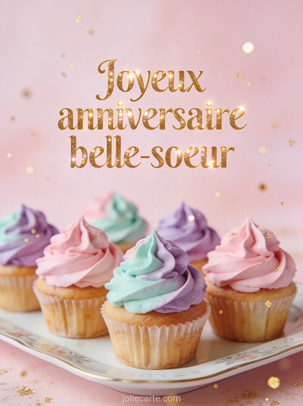 Carte anniversaire gourmande avec cupcakes décorés de crème rose menthe et lavande sur plateau en porcelaine
