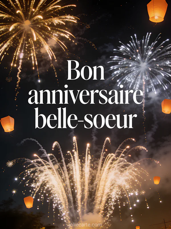 Carte anniversaire nocturne avec feux d'artifice dorés et argentés, lanternes volantes orangées dans un ciel étoilé