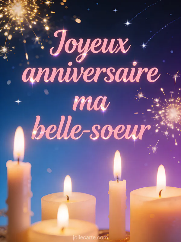 Carte anniversaire intime avec cierges magiques crépitants et étoiles filantes sur fond bleu nuit violet