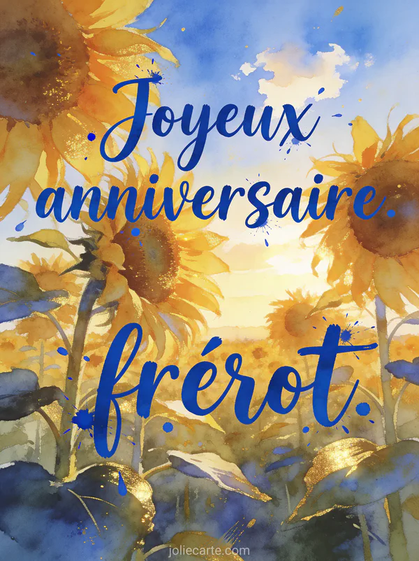 Champ de tournesols géants baignés de lumière dorée avec ciel bleu et texte aquarelle Joyeux anniversaire frérot