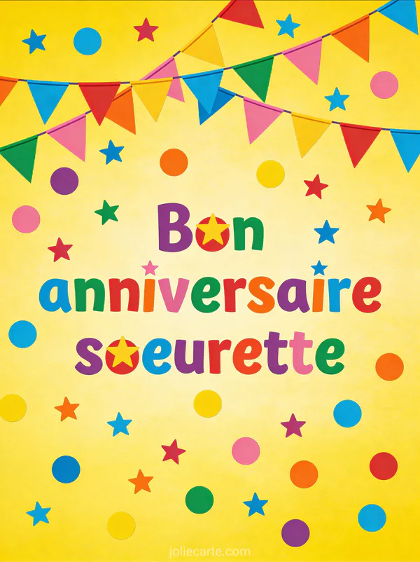 Carte anniversaire joyeuse avec guirlande de fanions multicolores et confettis ronds sur fond jaune vif