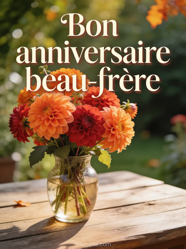 Bouquet de dahlias oranges et rouges dans un vase en verre sur table rustique avec lumière douce naturelle