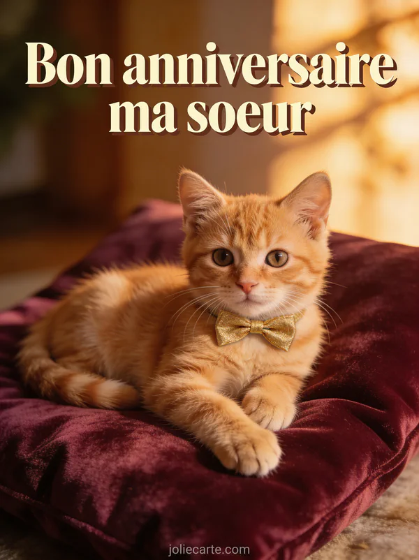 Chaton roux adorable allongé sur un coussin de velours prune avec un nœud papillon doré