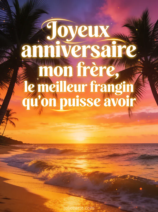 Coucher de soleil spectaculaire sur l'océan avec ciel orange violet, palmiers et texte Joyeux anniversaire mon frère