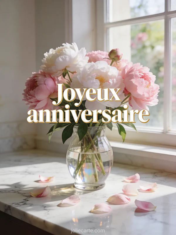 Bouquet de pivoines roses et blanches dans un vase en verre sur table en marbre avec lumière naturelle