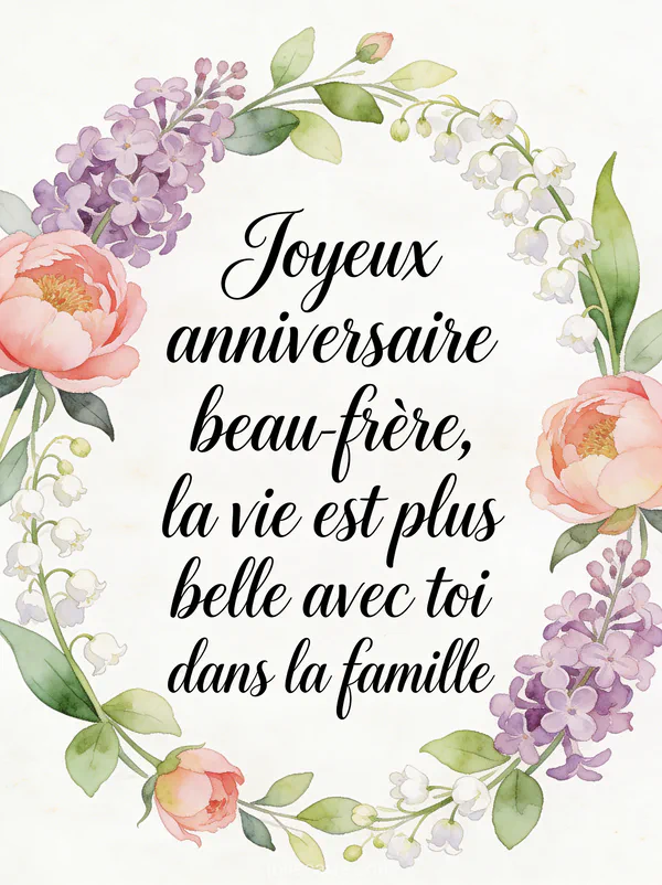 Couronne de fleurs aquarelle avec pivoines roses, lilas mauves et muguet blanc entourant le texte anniversaire beau-frère