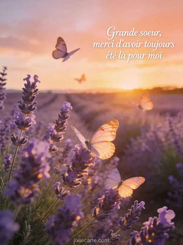 Lever de soleil doré sur un champ de lavande en Provence avec papillons et ciel aux tons pêche