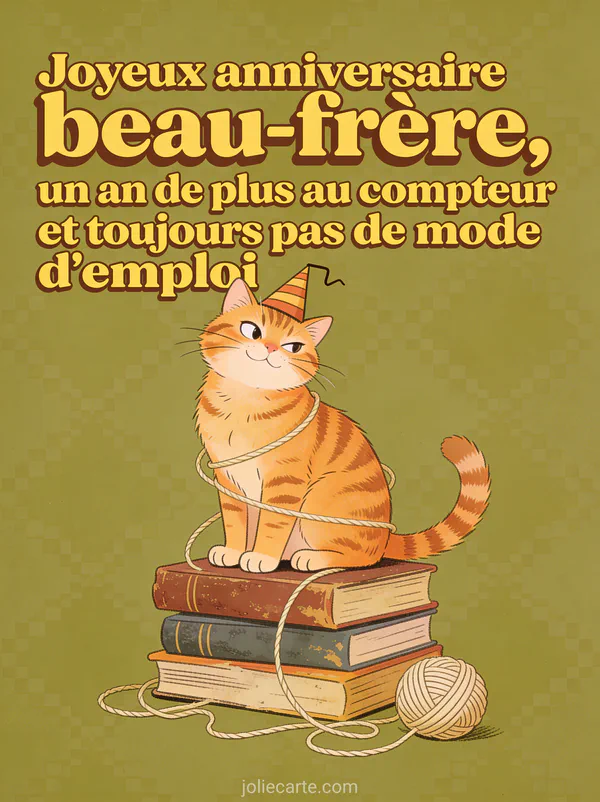 Chat roux tigré malicieux avec chapeau de fête sur une pile de livres anciens avec pelote de laine style vintage
