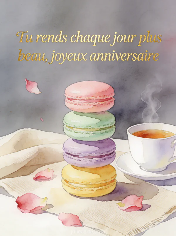 Pyramide de macarons pastel avec pétales de rose et tasse de thé en porcelaine sur nappe en lin