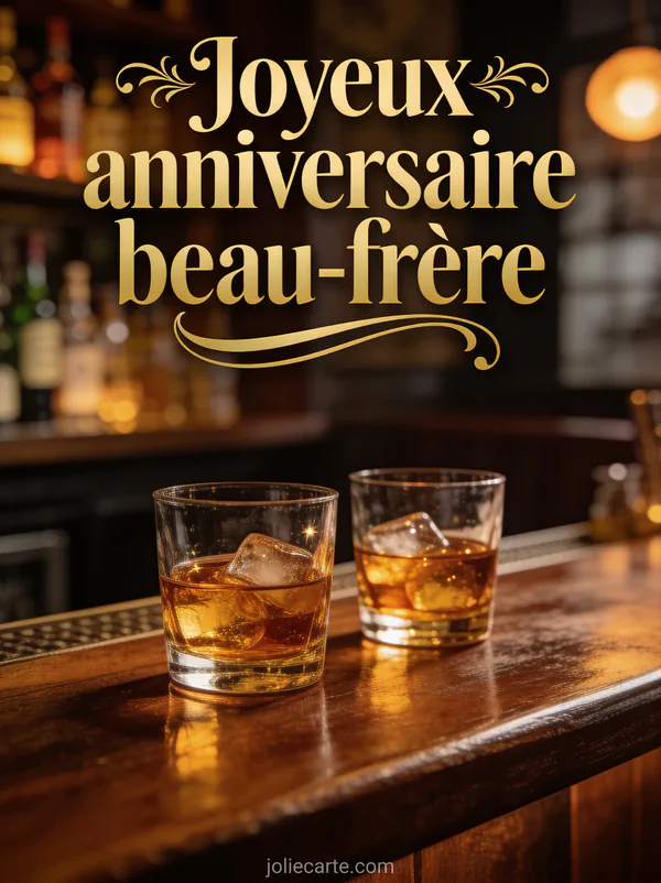 Deux verres de whisky avec glaçons étincelants sur comptoir en bois foncé avec éclairage ambré tamisé de bar cosy