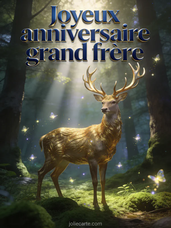 Cerf majestueux aux bois dorés dans une clairière enchantée avec lucioles scintillantes et rayons de lumière