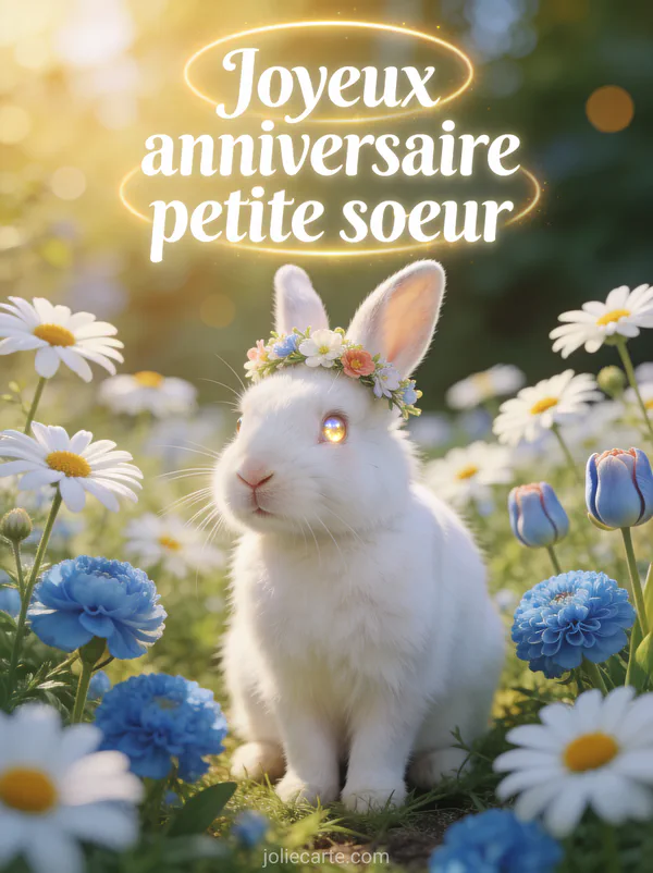 Lapin blanc avec couronne de fleurs miniature assis dans un jardin de marguerites et renoncules en lumière dorée