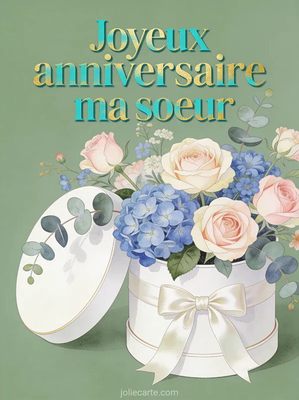 Composition de roses anciennes roses et hortensias bleus avec eucalyptus dans une boîte à chapeau blanche