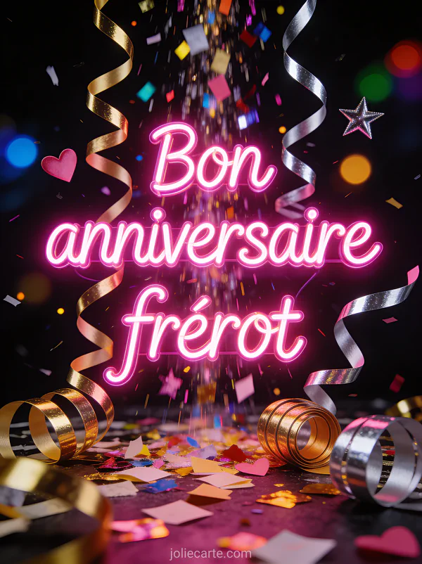 Texte néon rose vif sur fond sombre avec pluie de confettis multicolores et serpentins dorés argentés