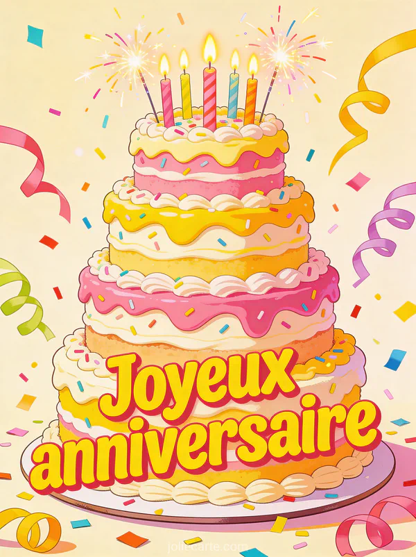 Gâteau d'anniversaire spectaculaire à cinq étages avec bougies sparklers confettis et serpentins sur fond rose