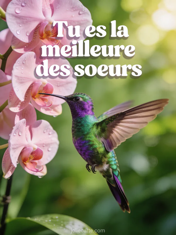 Colibri iridescent vert et violet butinant une orchidée rose avec gouttelettes de rosée et lumière tamisée