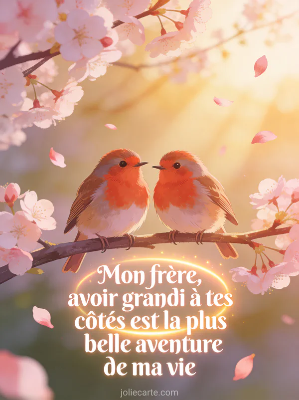 Deux rouge-gorge perchés côte à côte sur une branche de cerisier en fleurs avec pétales roses volant au vent