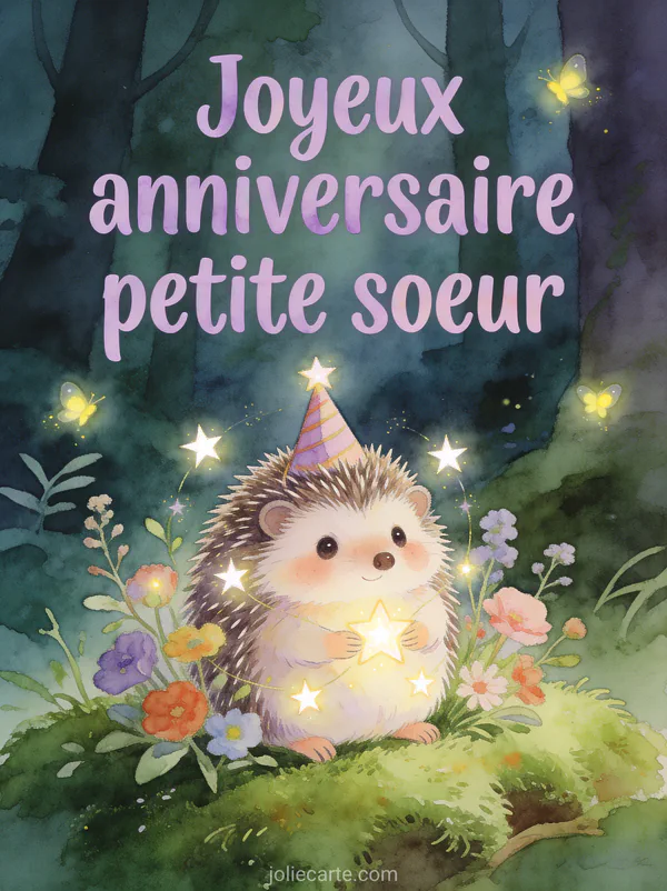 Hérisson adorable avec chapeau de fête miniature entouré de fleurs sauvages et lucioles en forêt enchantée