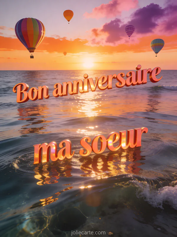 Montgolfières colorées flottant dans un ciel de coucher de soleil orangé et rose au-dessus de la mer calme