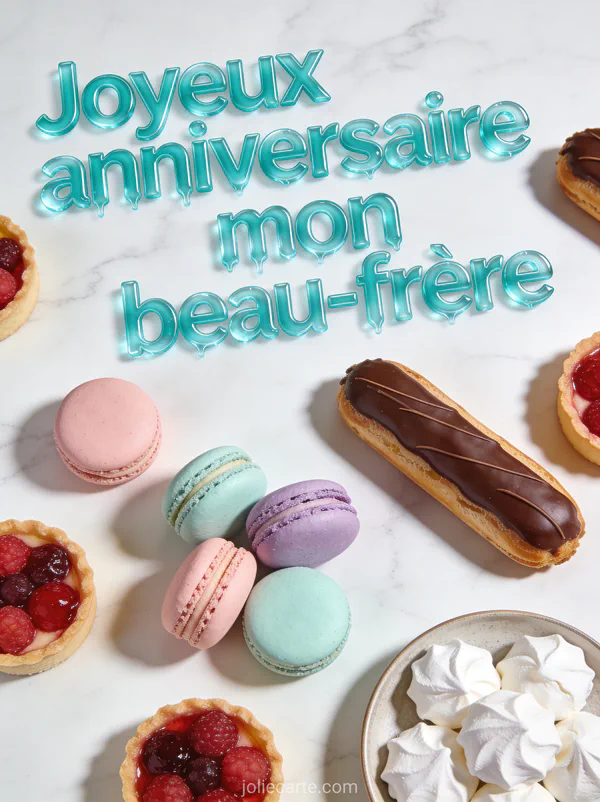 Table vue du dessus avec macarons pastel, éclairs au chocolat, tartelettes aux fruits rouges et meringues sur marbre blanc