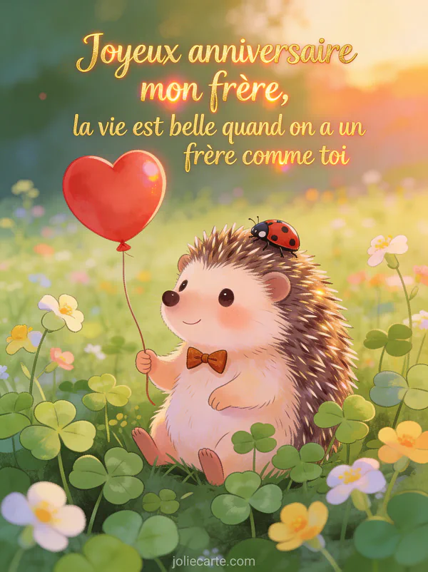 Adorable hérisson avec nœud papillon tenant un ballon rouge en forme de cœur dans un champ de pâquerettes avec coccinelle