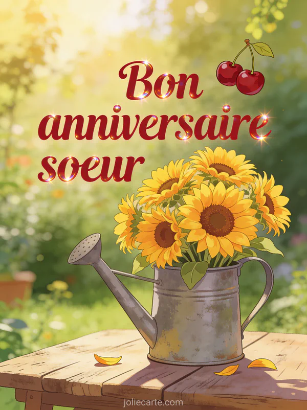 Bouquet de tournesols jaune vif dans un arrosoir en zinc vintage sur table en bois rustique