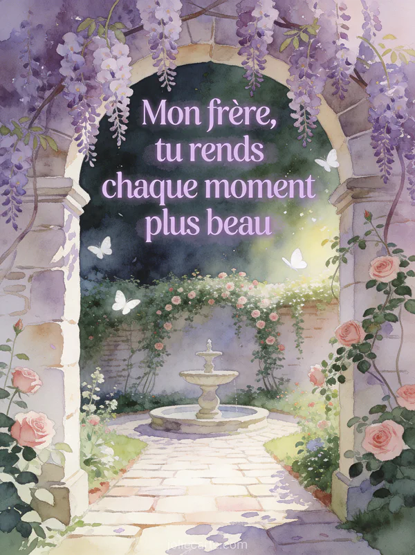 Jardin secret vu à travers une arche couverte de glycine mauve avec fontaine, rosiers et papillons blancs