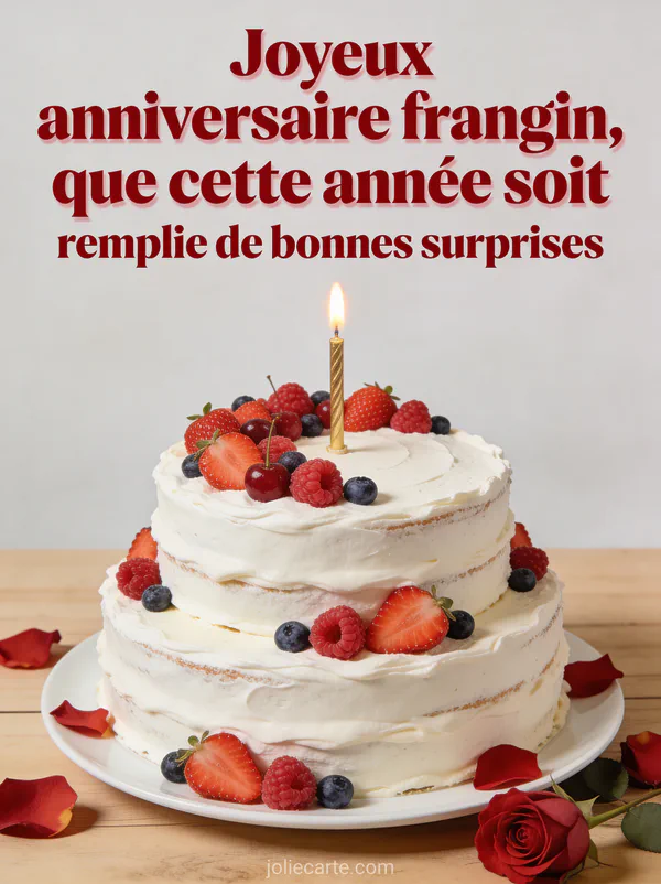 Gâteau d'anniversaire à trois étages avec crème blanche, fraises, framboises et myrtilles avec bougie dorée allumée