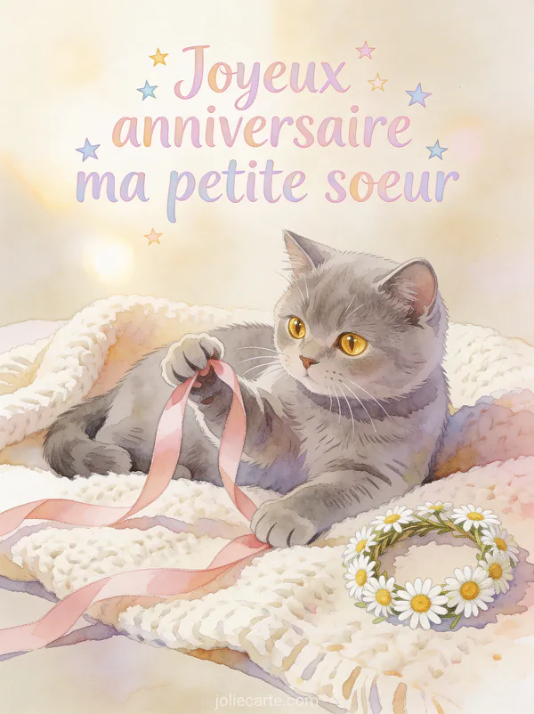 Chaton british shorthair gris aux yeux dorés jouant avec un ruban rose sur un plaid en laine douce