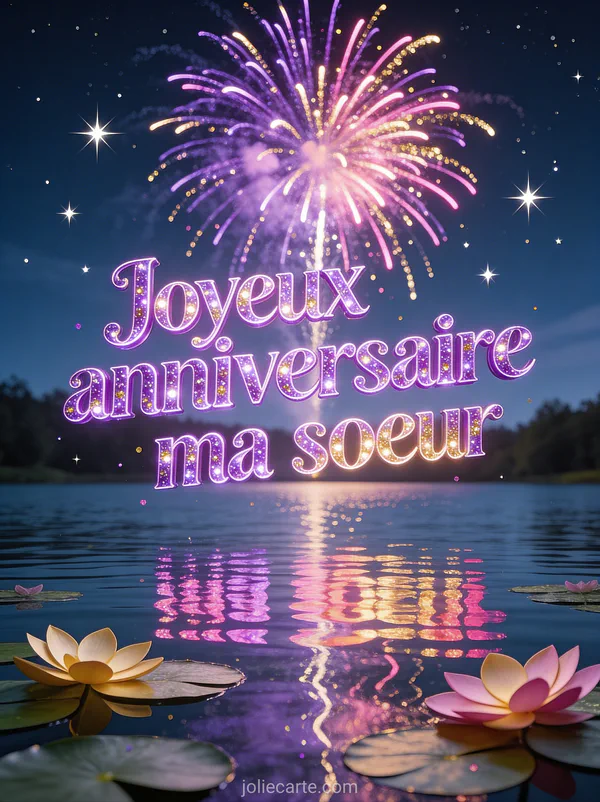 Feux d'artifice violet rose et doré au-dessus d'un lac calme avec reflets colorés et nénuphars