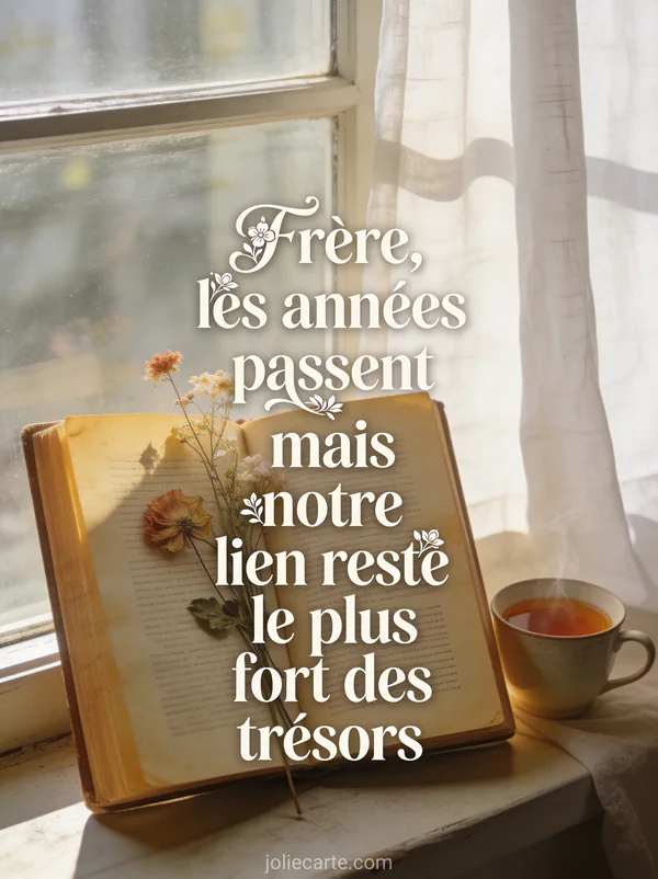 Vieux livre ouvert sur rebord de fenêtre avec fleurs séchées pressées, tasse de thé fumante et lumière du matin