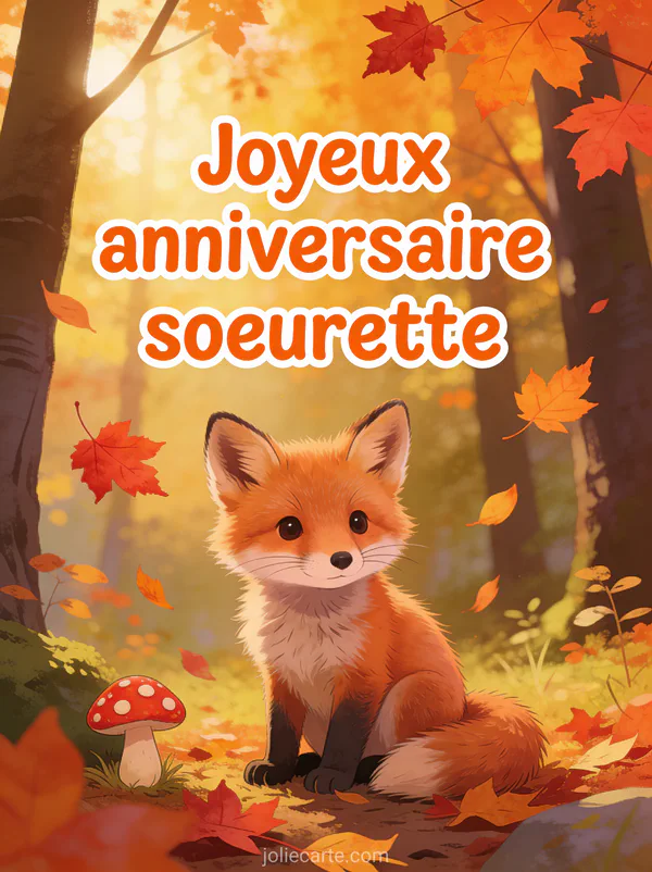 Renardeau roux adorable assis dans une clairière automnale avec feuilles d'érable orange et champignon