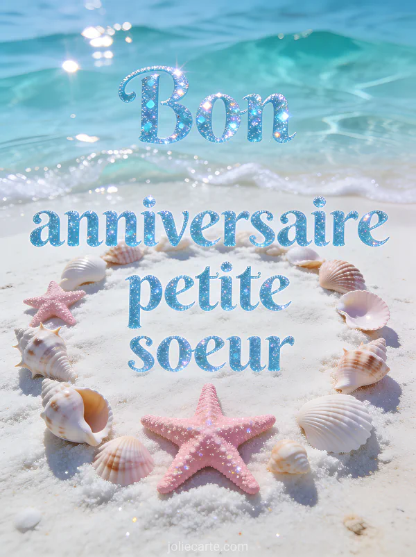 Étoiles de mer et coquillages disposés en cercle sur sable blanc avec eau turquoise en arrière-plan