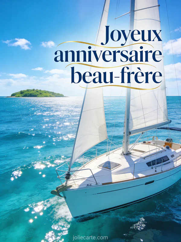 Voilier blanc naviguant sur une mer turquoise scintillante sous un ciel bleu intense avec île verdoyante au loin