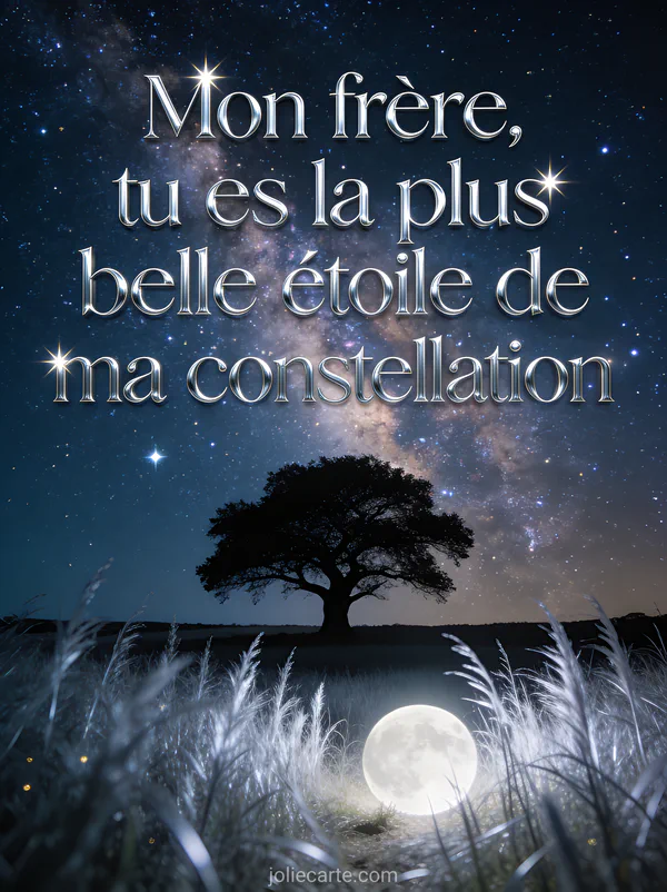 Ciel nocturne étoilé avec voie lactée, silhouette d'arbre majestueux et herbes argentées par la lumière de la lune