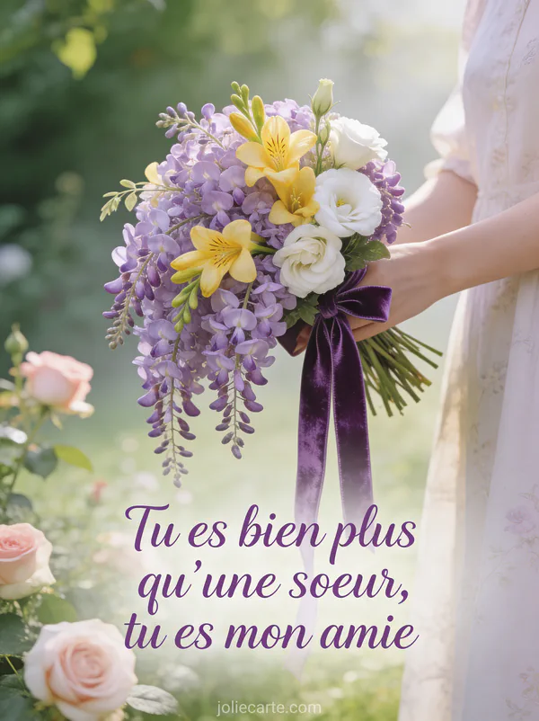 Bouquet de glycine mauve, freesias jaunes et lisianthus blancs avec ruban de velours violet en jardin anglais