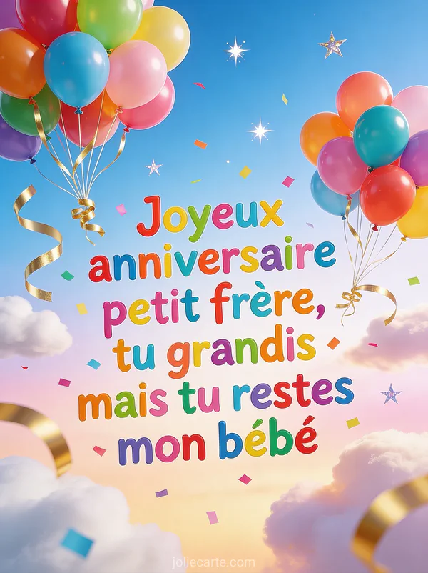 Ribambelle de ballons multicolores gonflés à l'hélium attachés par des rubans dorés s'envolant dans un ciel bleu