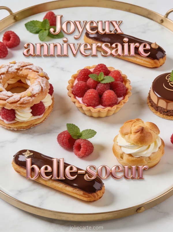 Plateau de pâtisseries françaises vu du dessus avec éclairs tartelettes framboises et paris-brest sur marbre blanc