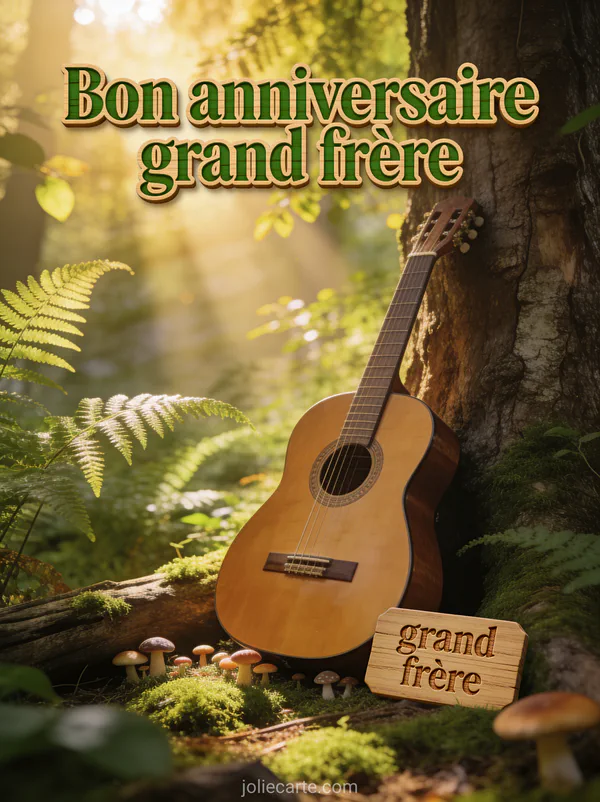 Guitare acoustique posée contre un tronc d'arbre dans un sous-bois avec rayons de soleil dorés et fougères