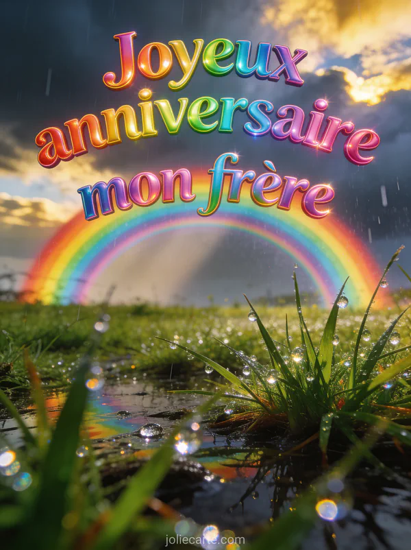 Double arc-en-ciel complet au-dessus d'une prairie verdoyante après la pluie avec gouttelettes scintillantes